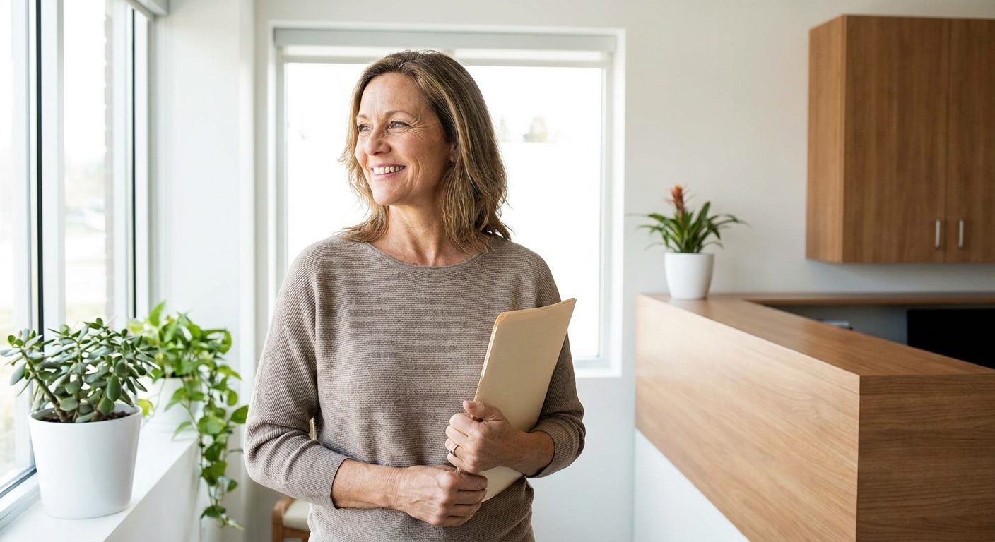 Happy patient smiling confidently after a treatment consultation in a bright modern dental office