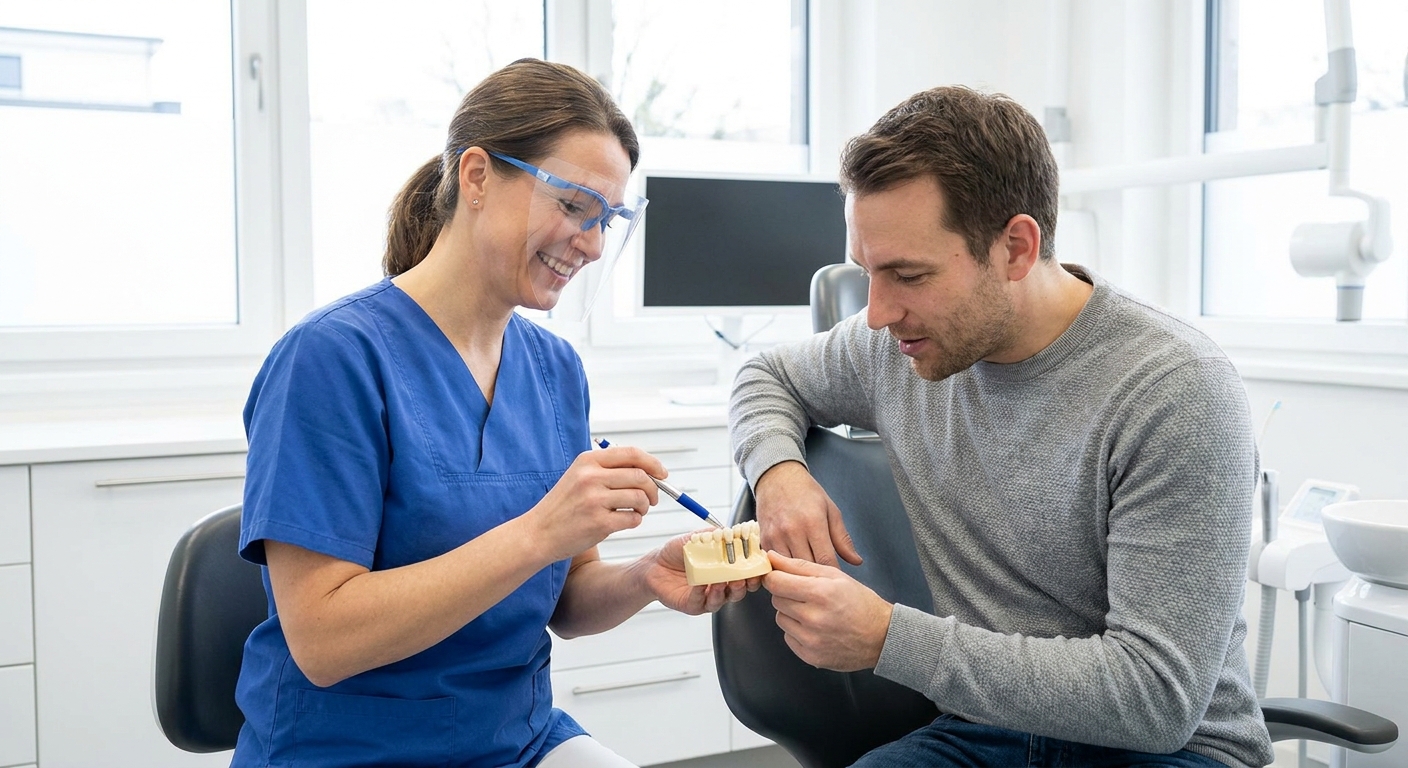 Dentist pointing at a dental model while explaining a treatment plan to an engaged patient