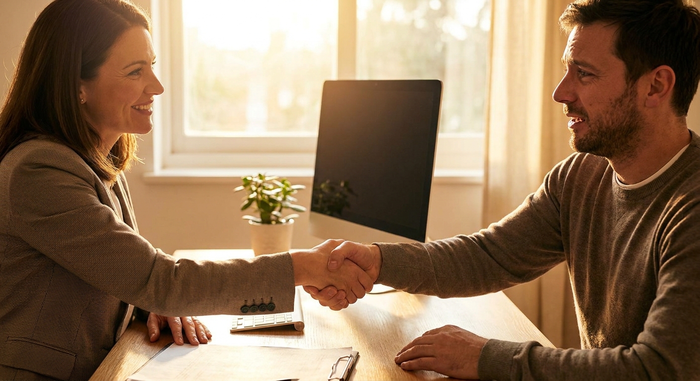 Reassuring handshake between a treatment coordinator and a relieved patient at a consultation desk