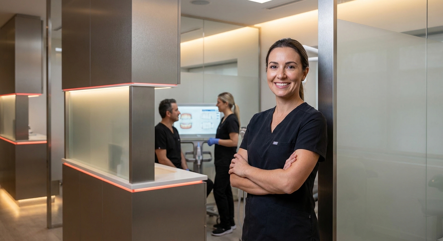 Confident dental team leader standing in a sleek consultation room, ready to lead the money conversation
