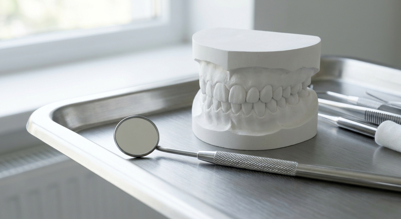 Close-up of a pristine dental model and mirror on a clean tray, used to show patients their diagnosis clearly