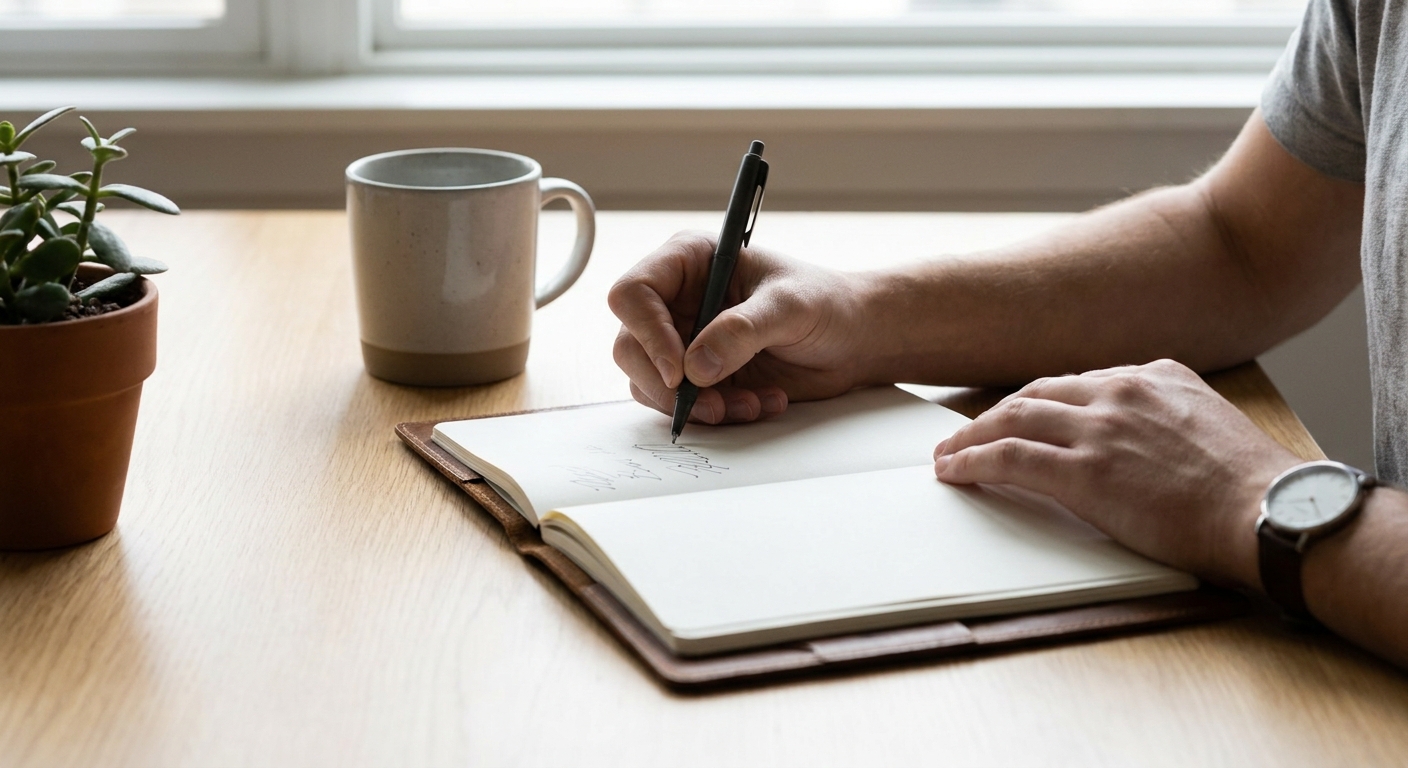 Hand writing in a notebook at a clean desk while planning dental Google Ads headlines