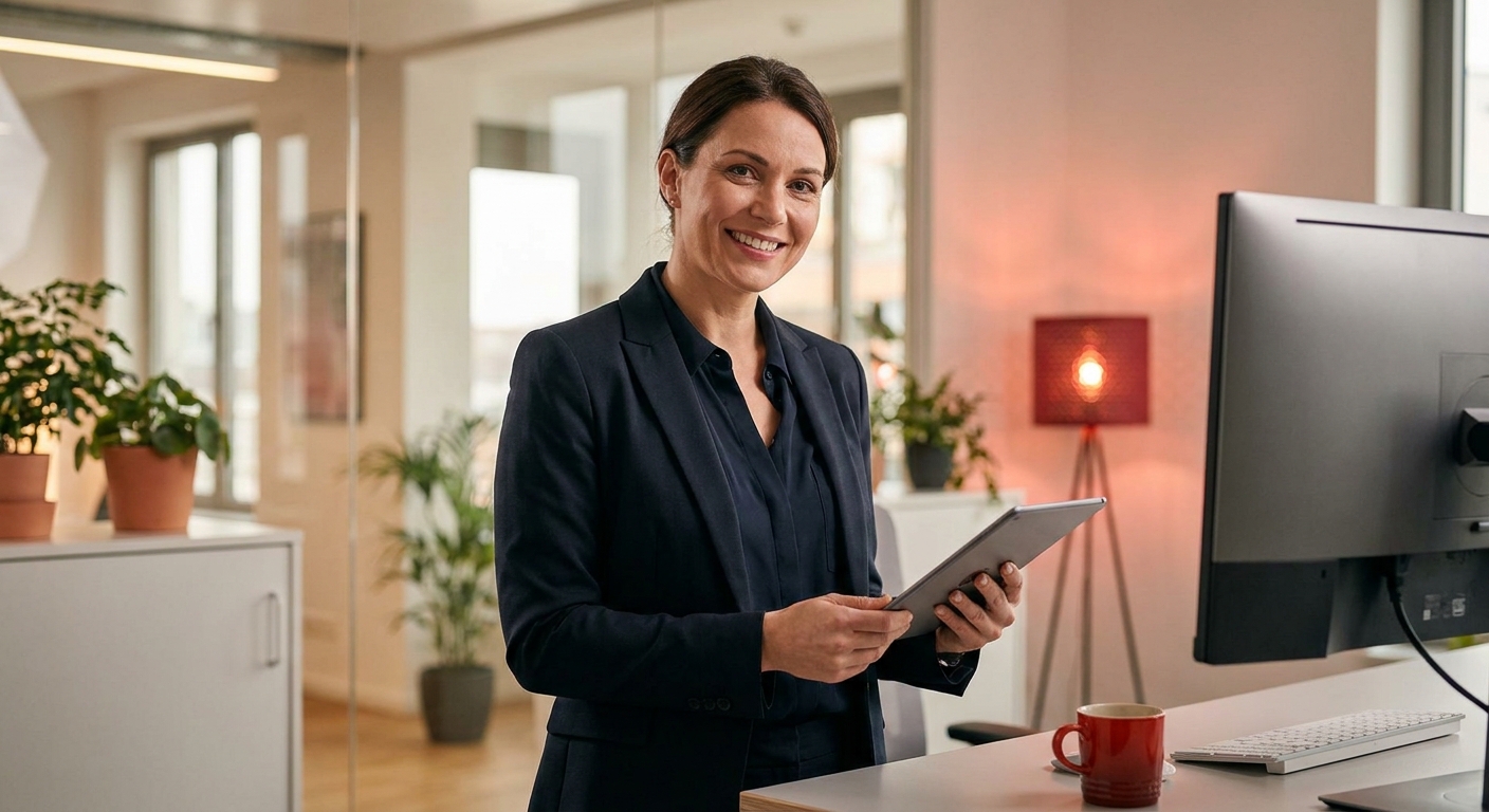 Confident dental practice marketer smiling in a modern office after launching a Google Ads campaign