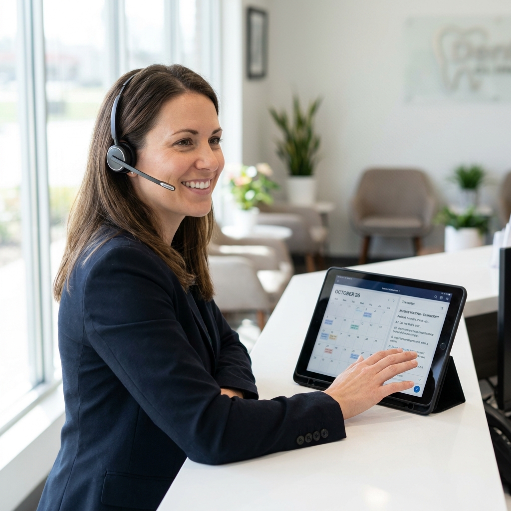 Dental receptionist with headset and tablet running AI voice routing for 24/7 appointment booking
