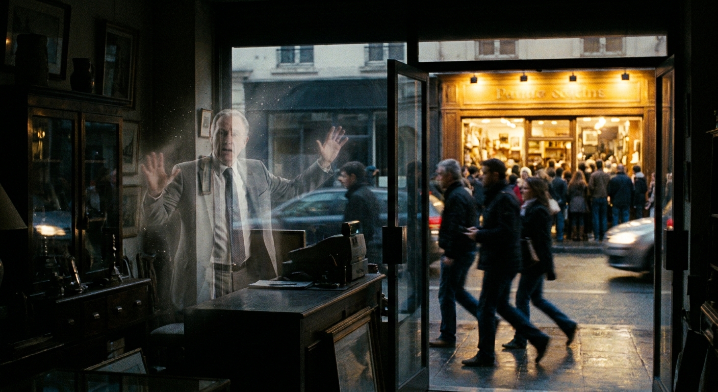 A translucent, see-through business owner being ignored by customers, representing being invisible to AI search