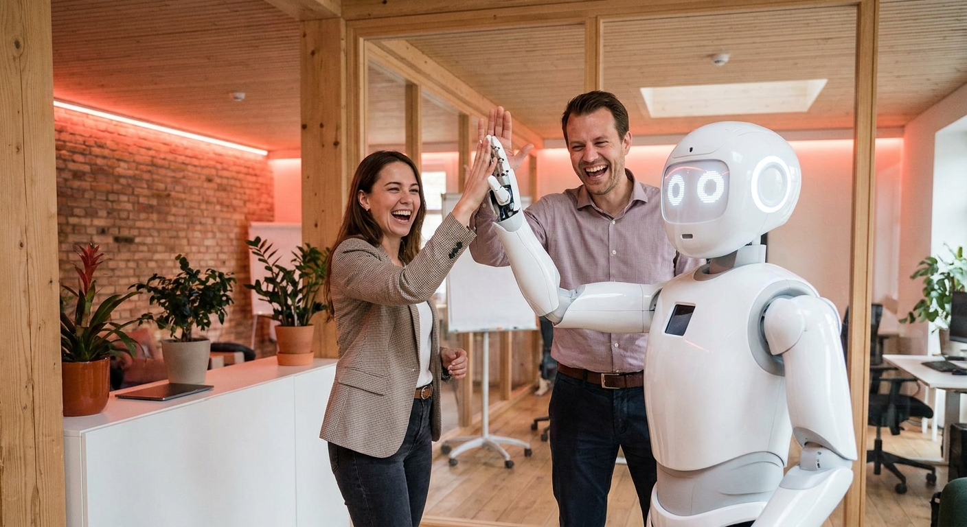 A business owner high-fiving a friendly robot, representing AI used as a teammate rather than a threat