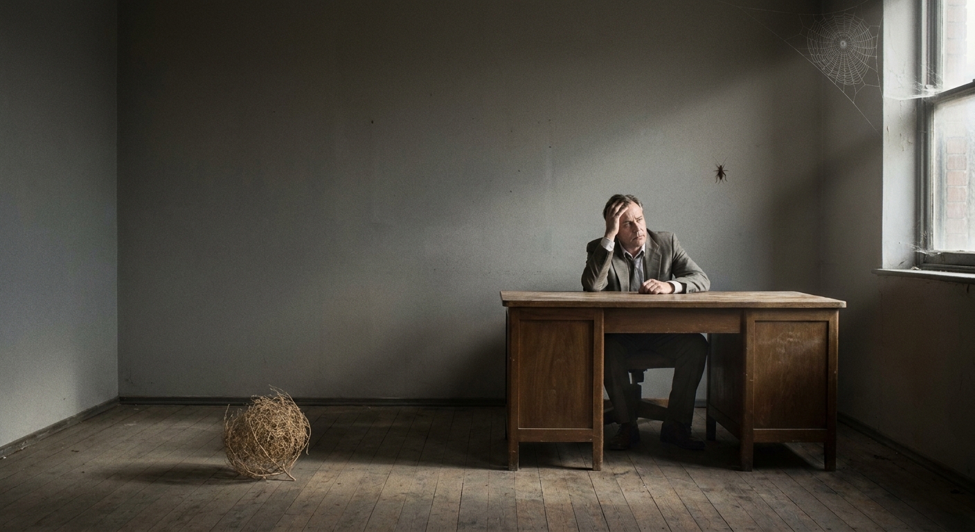 A tumbleweed rolling through an empty dental reception area, representing stalled growth and no inbound demand