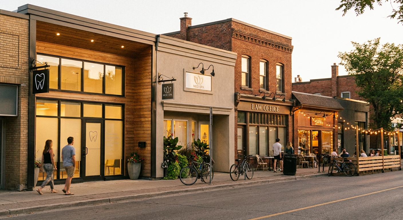 A bright street of diverse local businesses including a dental practice, med spa, law office, and home services storefront