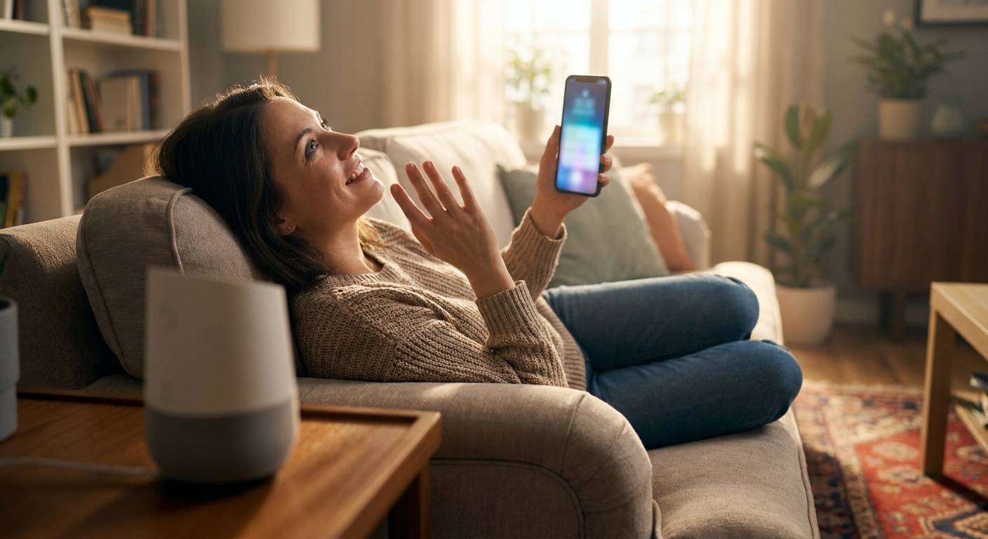 A person asking a voice assistant for a local recommendation and getting a named answer