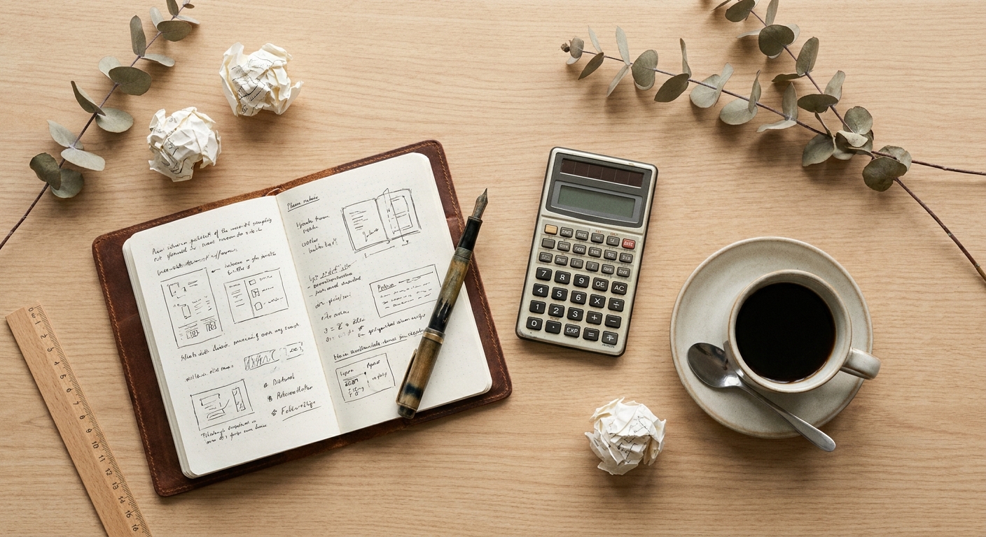Overhead view of a clean planning desk with a notebook, calculator, and coffee for mapping a dental marketing budget