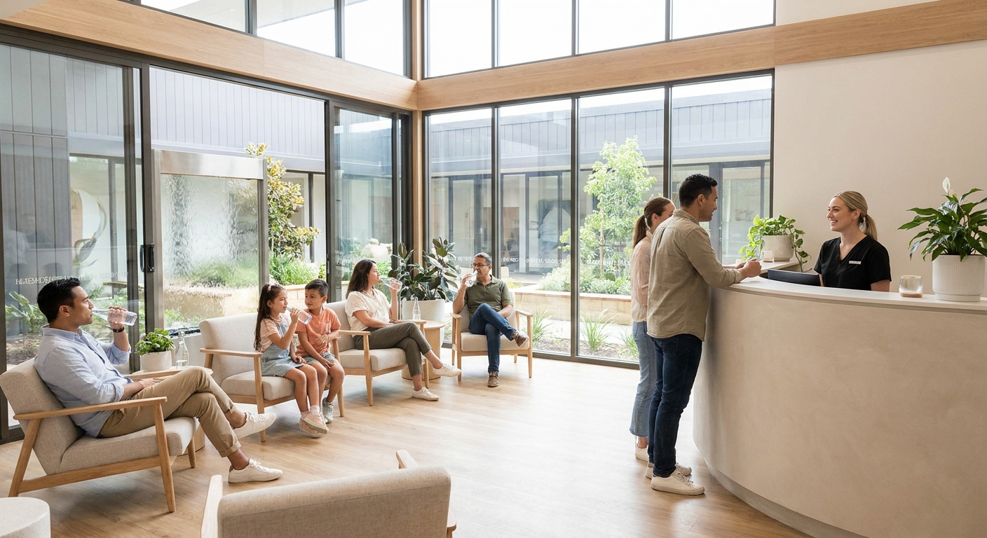 Thriving modern dental reception area with patients, representing healthy new patient flow from a well-planned budget