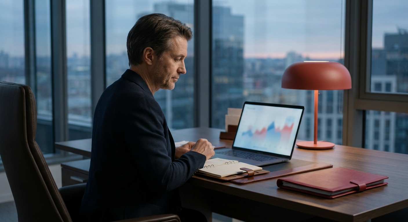 Dental practice owner reviewing a 2026 marketing budget plan at a sleek desk with a laptop