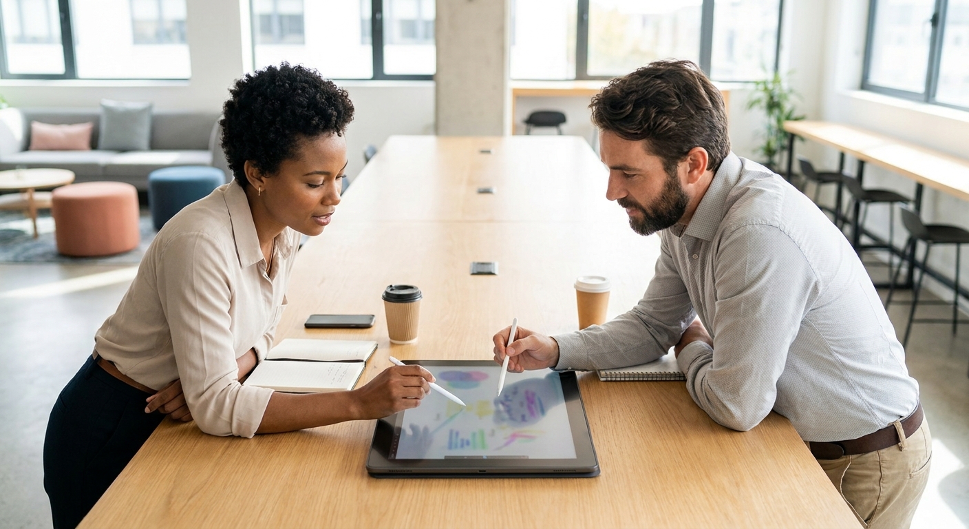 Two professionals collaborating over a tablet, planning the SEO and website portion of a dental marketing budget