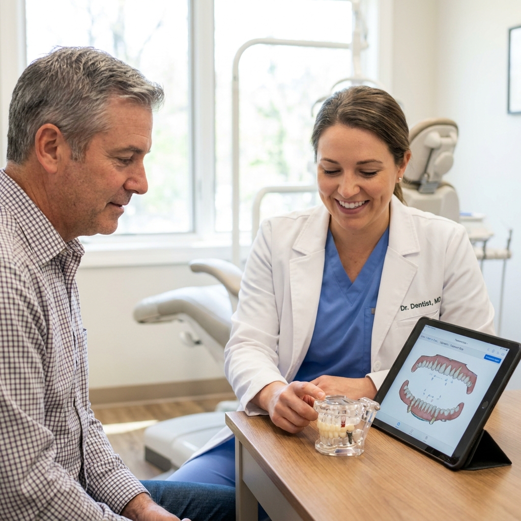Dentist consulting an implant patient at Pure Dental Health, $1.1M in 3.5 months with CMC