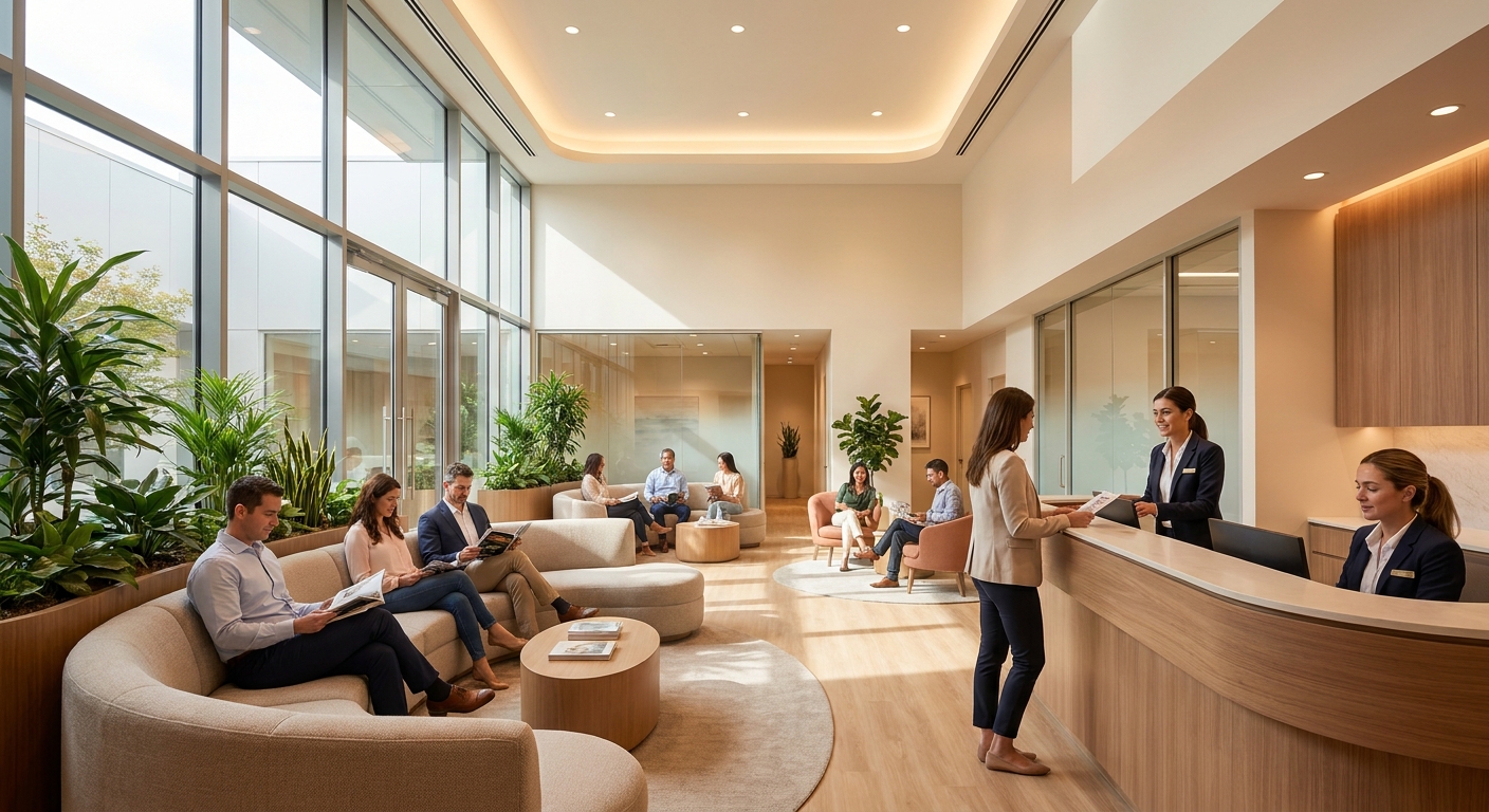 Thriving busy modern dental reception with comfortable patients, representing growth after a fee increase