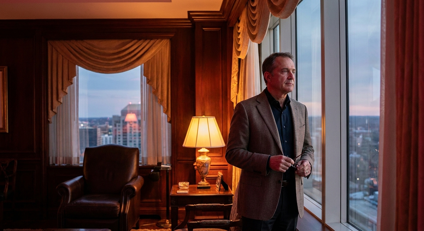 Composed dental practice owner standing by a window in a premium office, in control of their own fee strategy