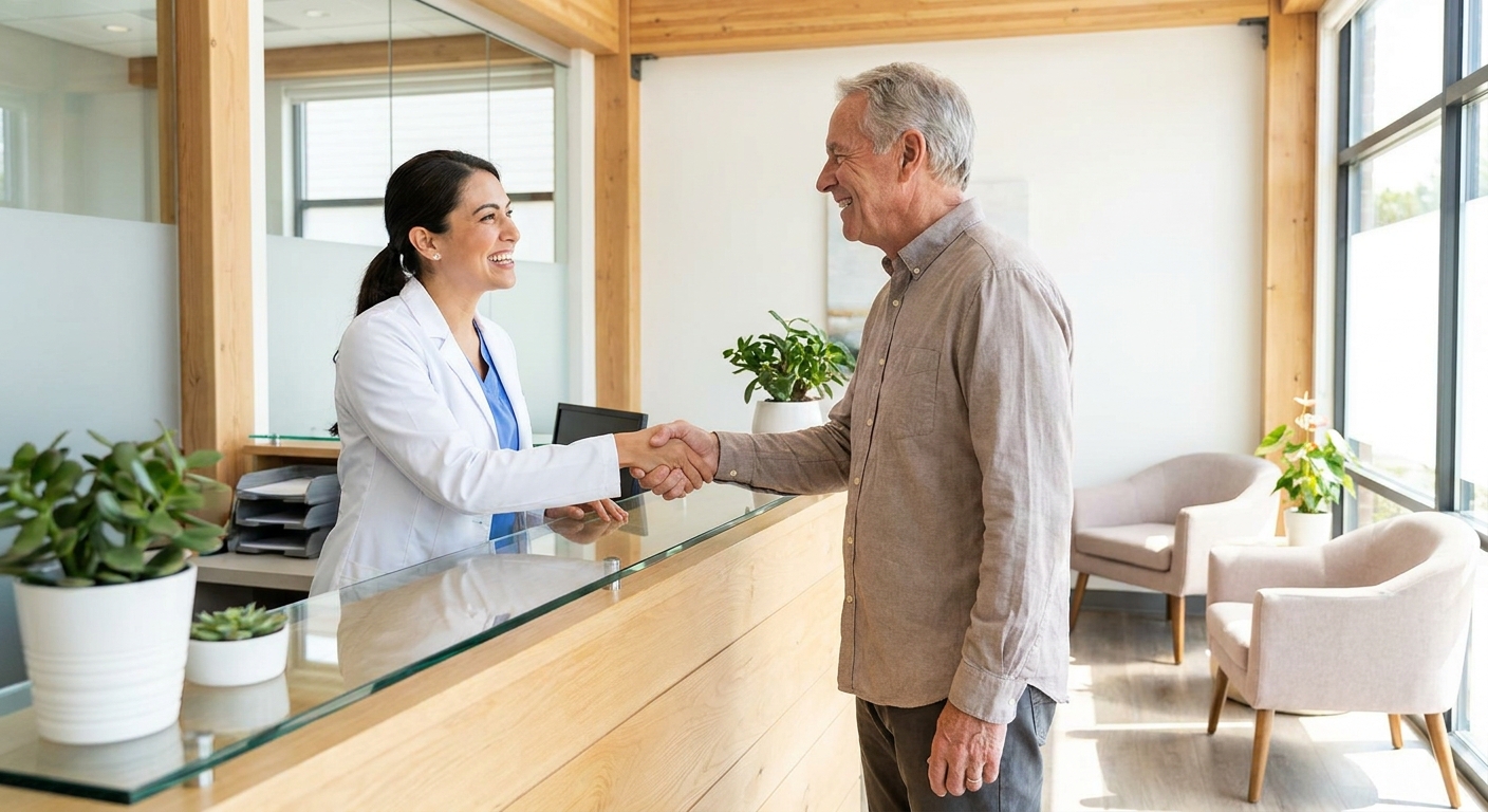 Warm handshake between a dentist and a happy patient at a modern front desk, representing a dental membership plan