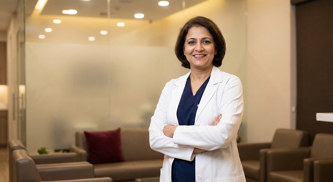 Confident successful dentist with arms crossed in a high-end clinic, in control of their own patient flow