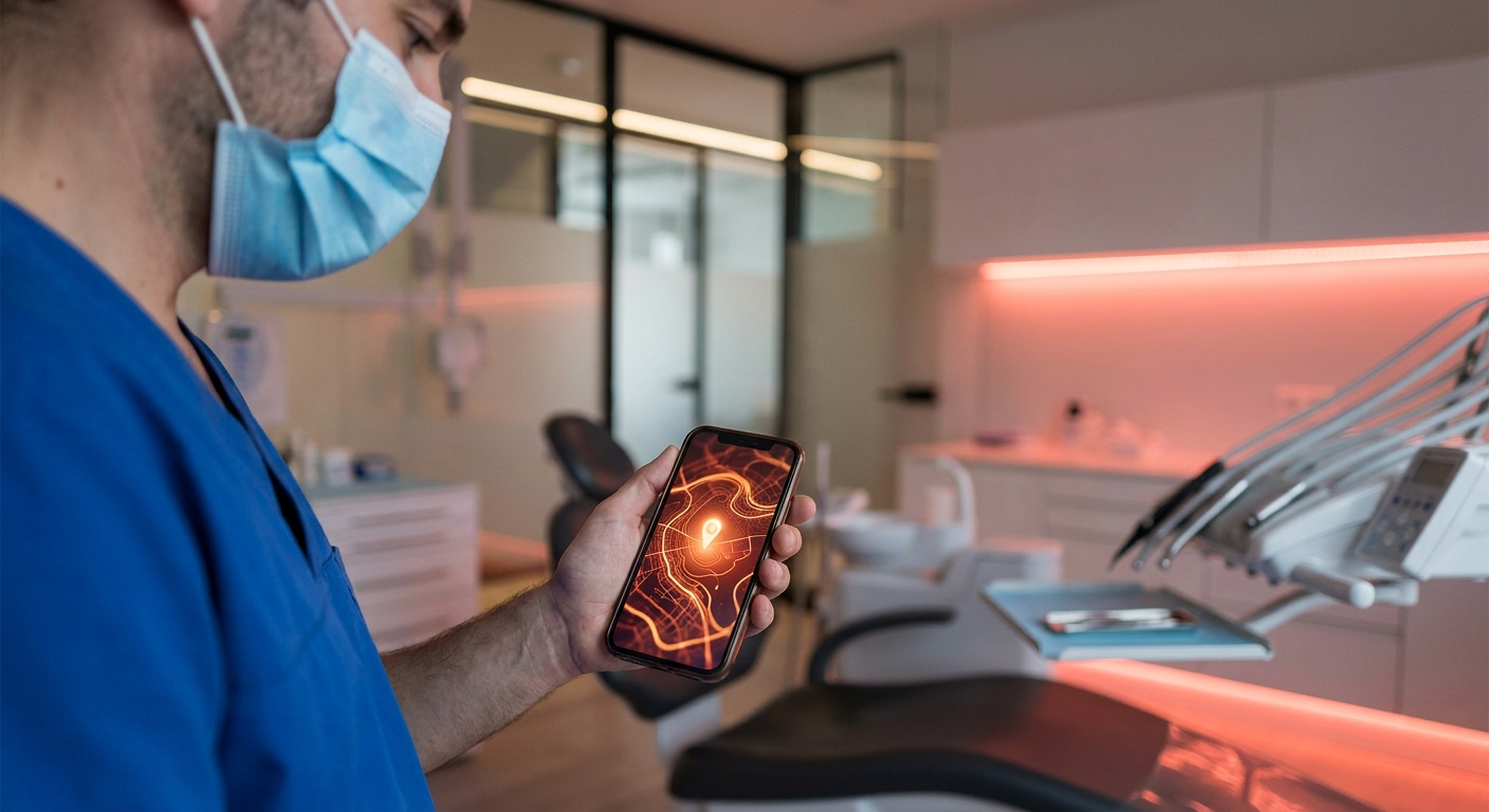 Dentist holding a smartphone showing a glowing map pin, representing local map-pack visibility on Google