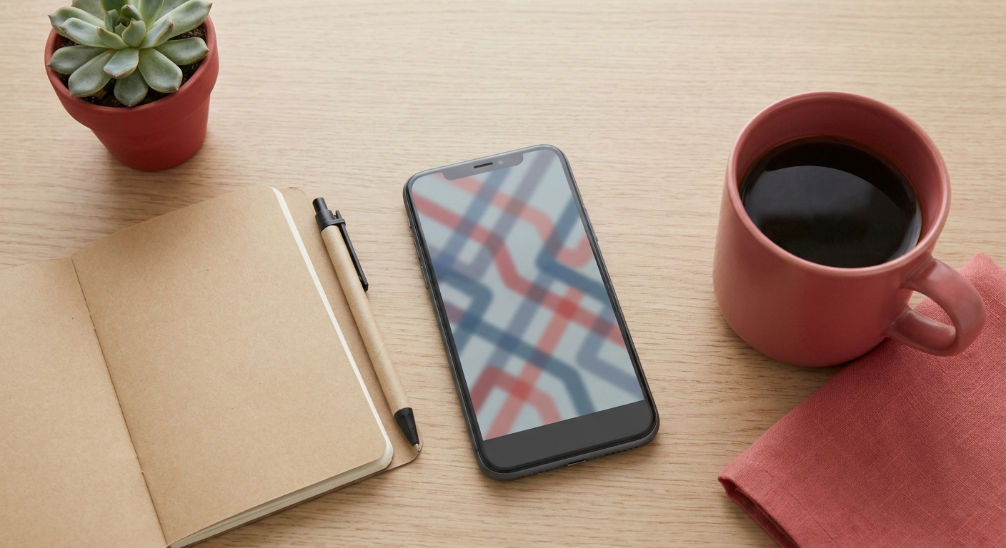 Overhead desk flat-lay with a smartphone showing a map app, representing a dental local search audit