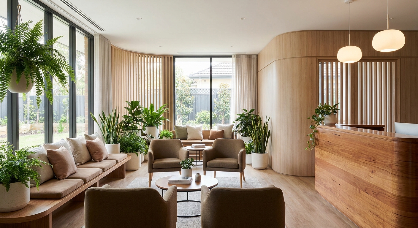 A bright, beautifully designed dental reception area with plants and warm wood tones