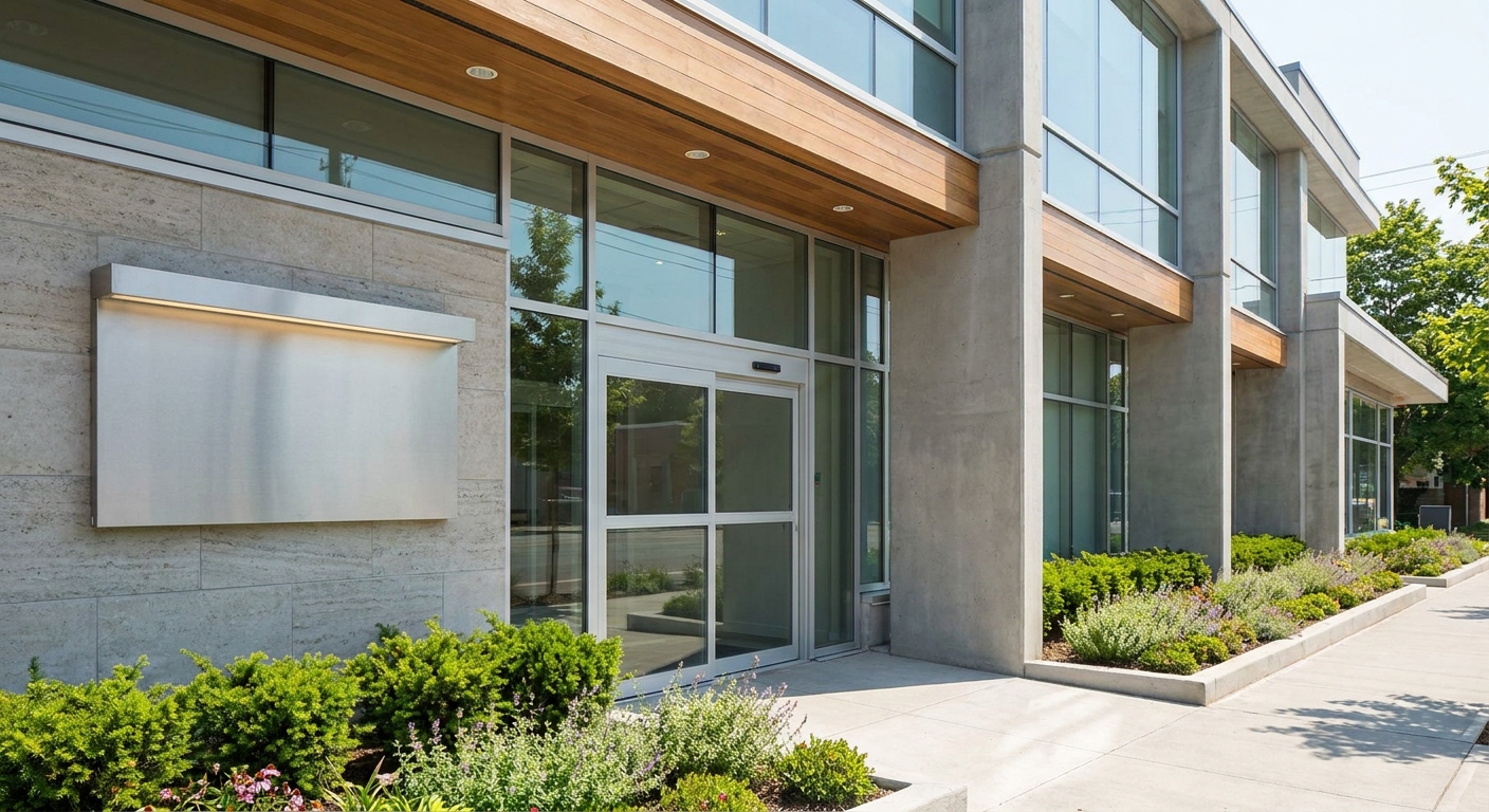 Exterior of a clean modern dental practice with bright daylight and welcoming curb appeal