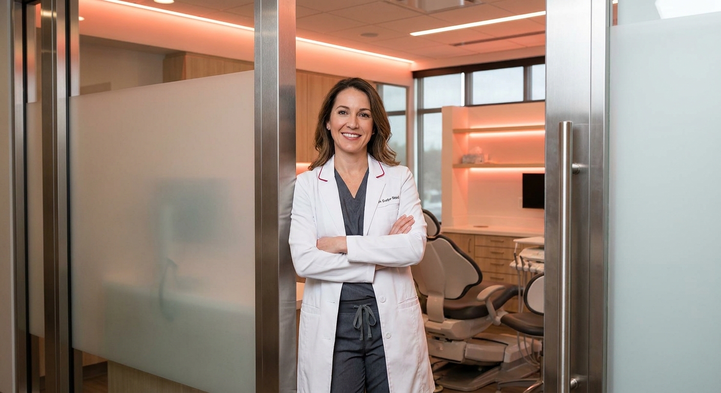 Confident female dentist standing in a modern operatory doorway, approachable and successful