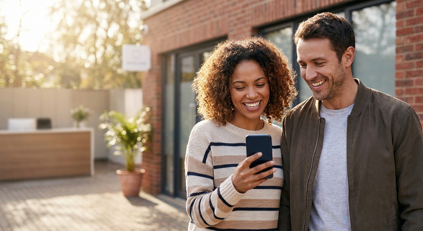 A happy patient leaving a dental office smiling at their phone after a visit