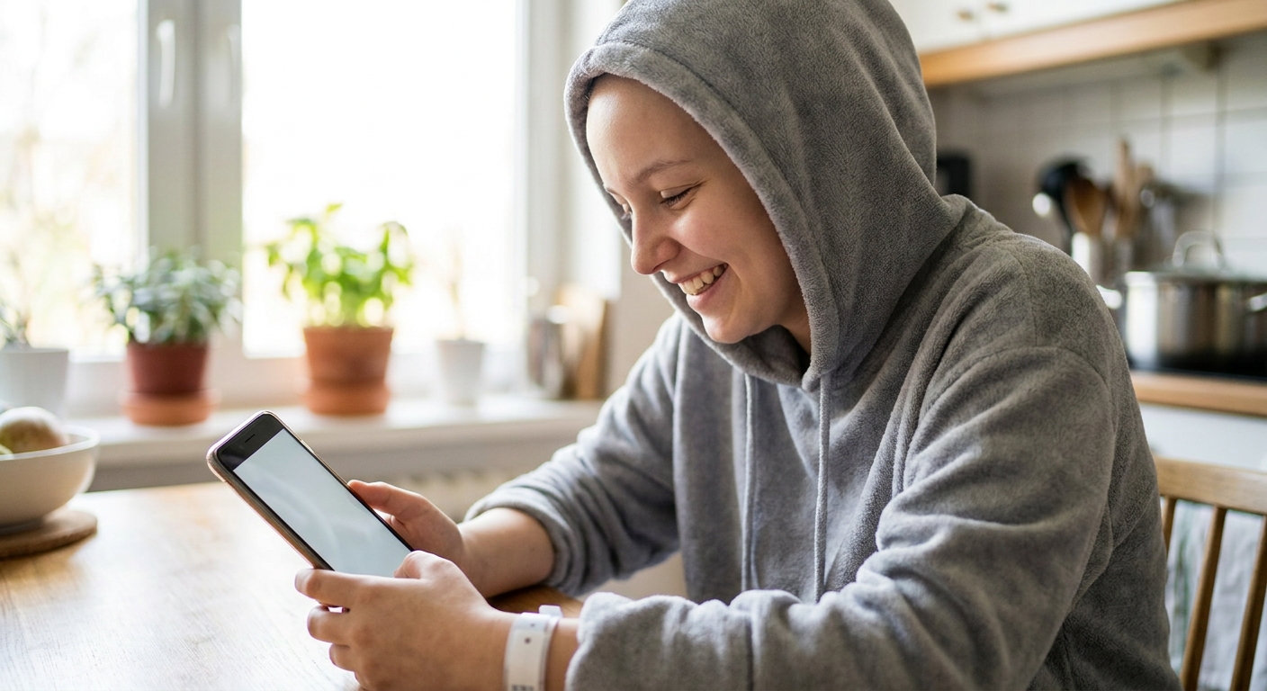 A young patient smiling at a phone after an AI tool recommended a trusted local dental practice