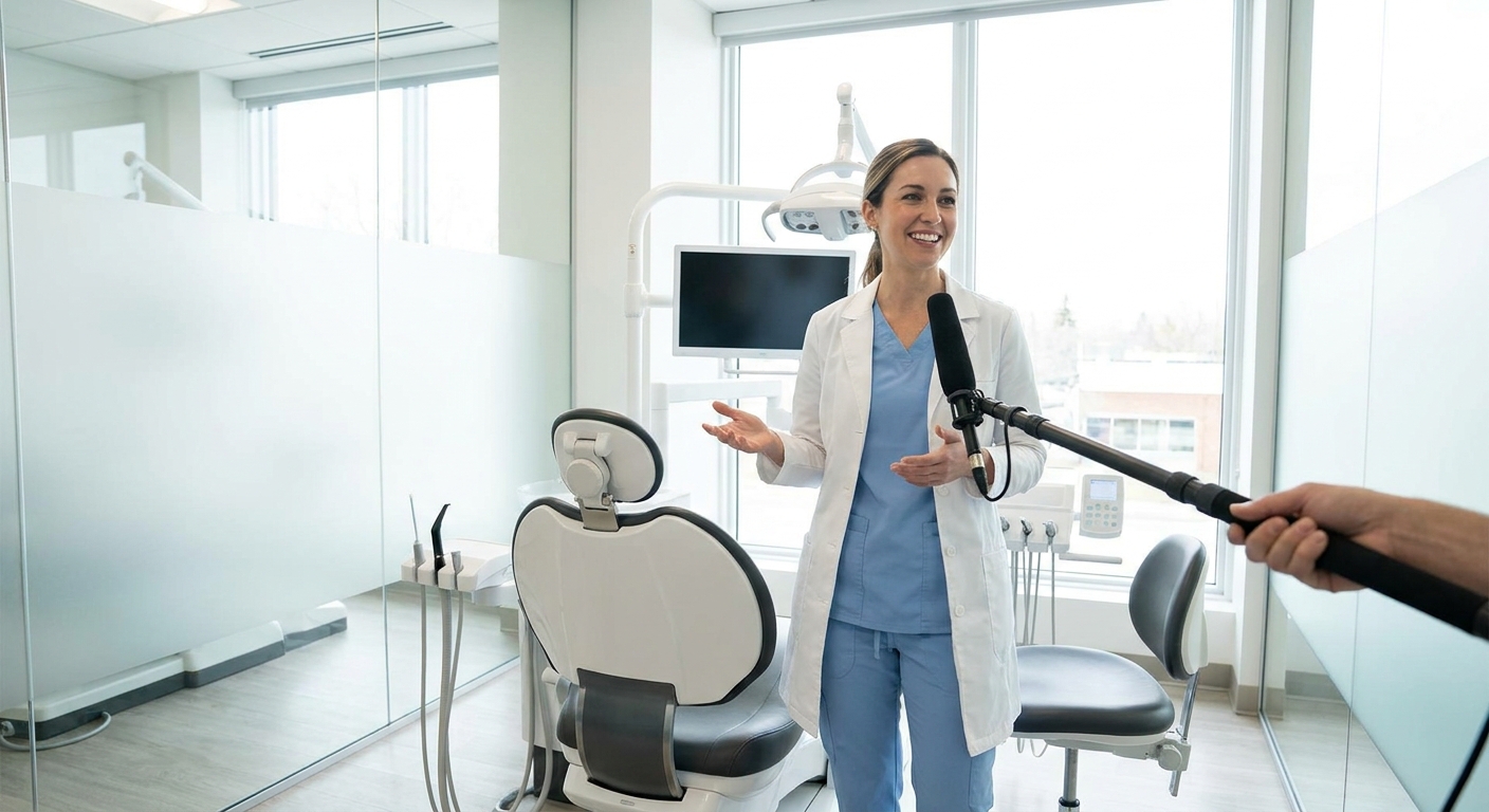 A confident dentist being interviewed in a modern office, building third-party authority that AI engines cite