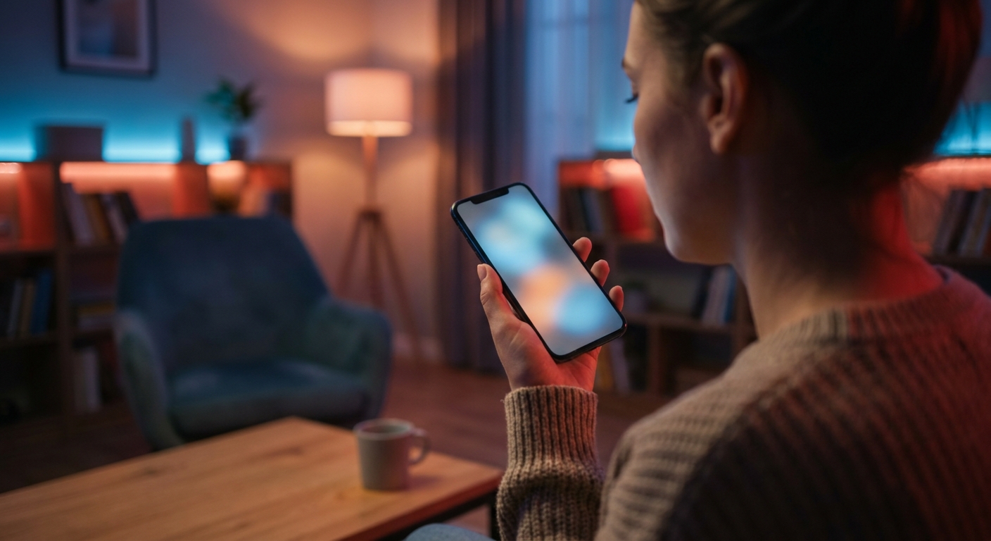 A person at home asking a voice assistant on a phone for a dentist recommendation, illustrating AI search for dental care