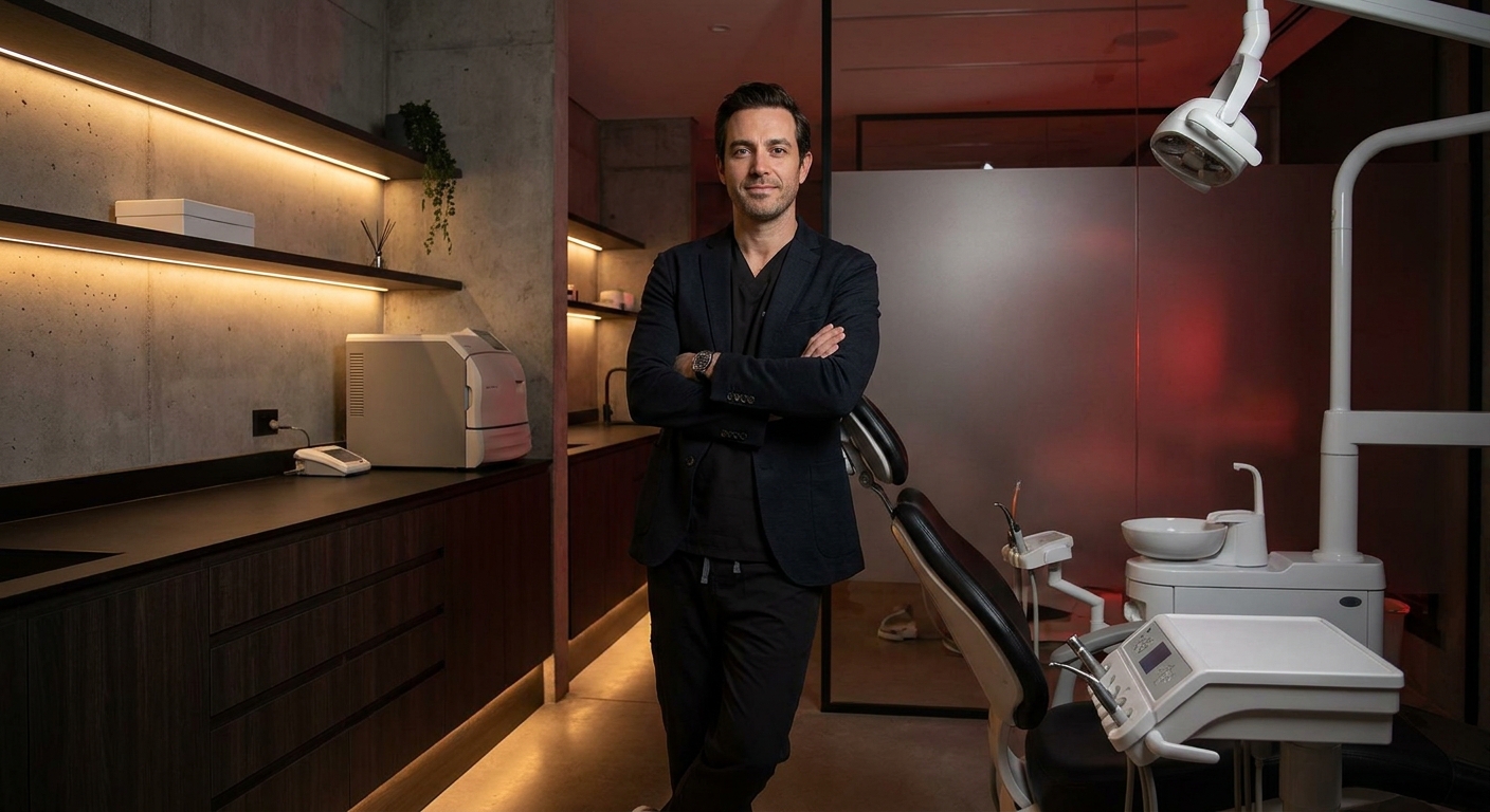 A forward-thinking dentist standing confidently in a sleek modern clinic, ahead of competitors on AI search
