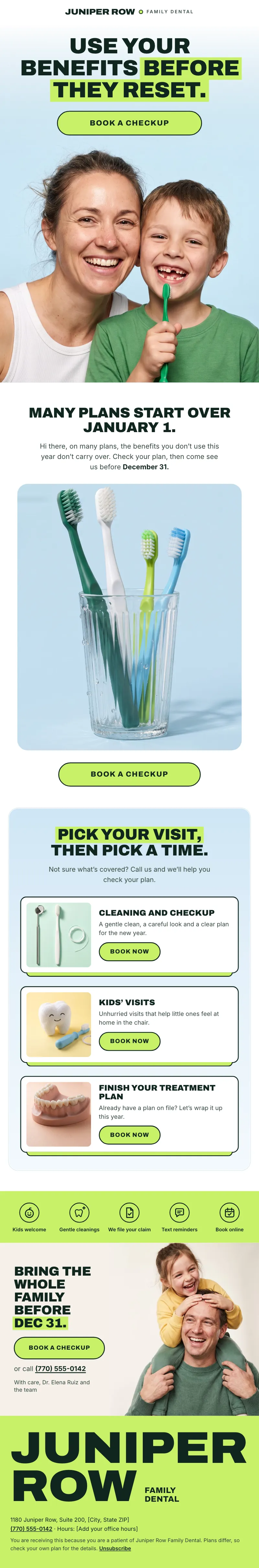 Example family dentistry newsletter: the headline Use your benefits before they reset over a photo of a mother and son with toothbrushes, a note that many plans start over January 1, three visit cards, a row of icons and a giant wordmark footer.