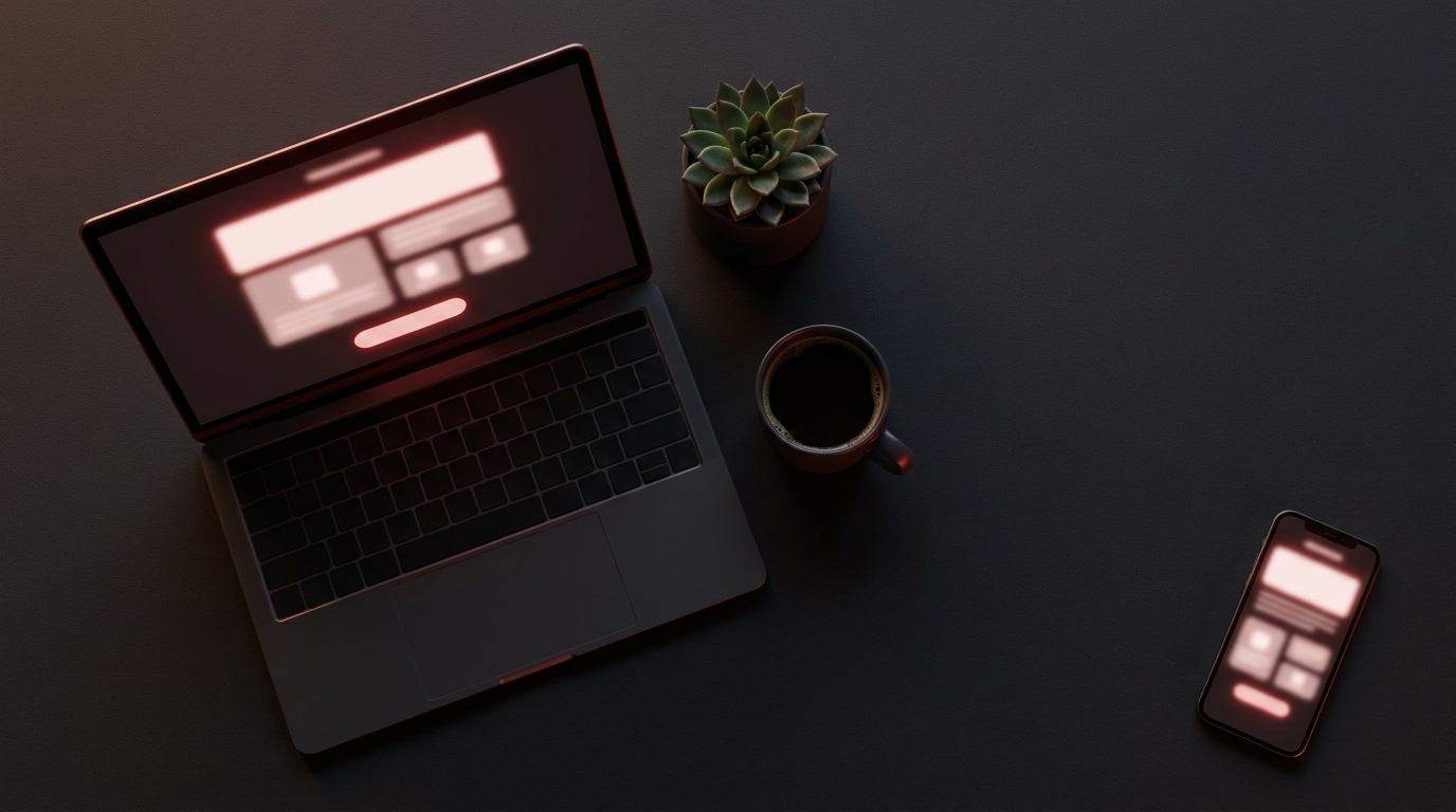 A dark editorial desk with a laptop and phone both showing a beautifully designed email newsletter