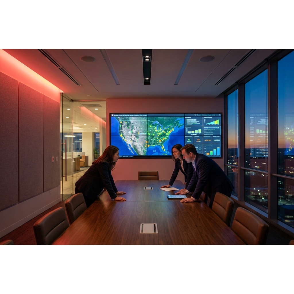 Dental DSO operations boardroom reviewing multi-location KPIs, enterprise SEO and paid media
