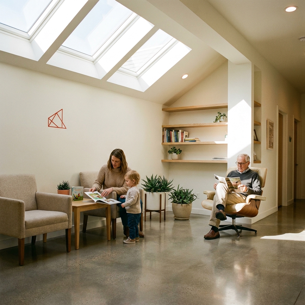 Bright family dental practice waiting area, general dentistry patient acquisition