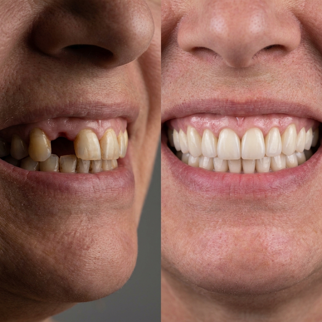 Before and after dental implant smile transformation, high-ticket case acquisition