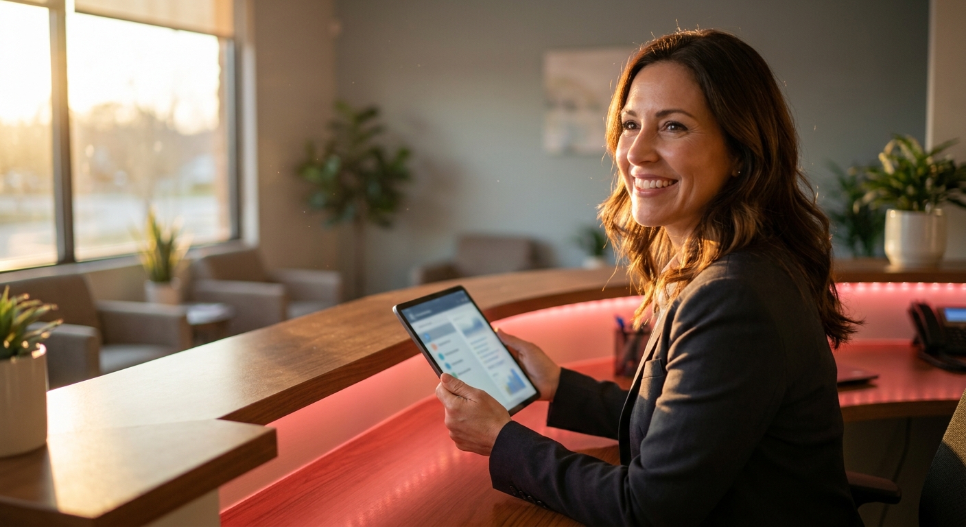 Dental front desk receptionist reviewing a patient recall list on a tablet at golden hour, ready to reactivate dormant patients
