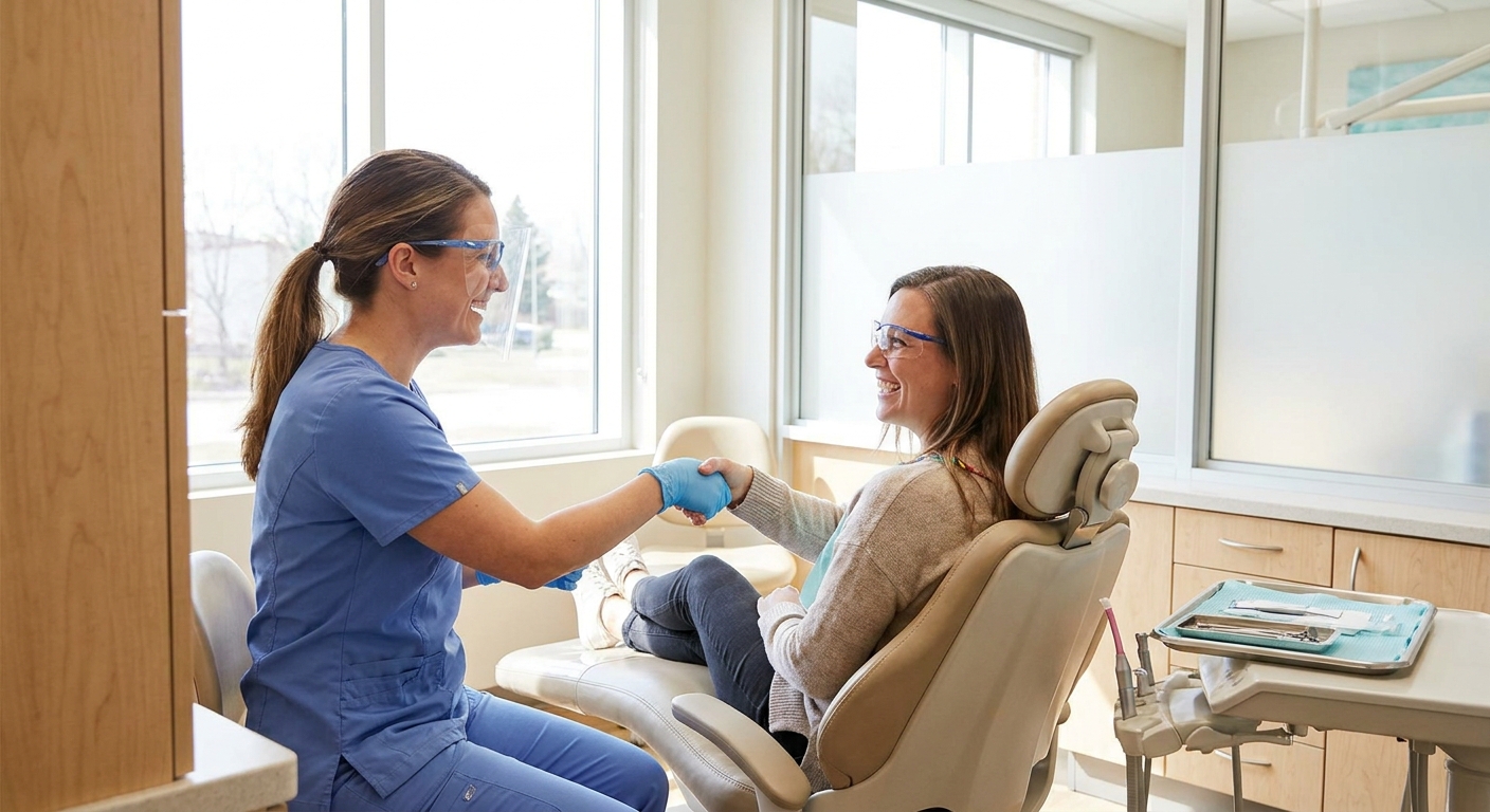 Dental hygienist warmly greeting a returning patient in a bright modern operatory after a successful reactivation