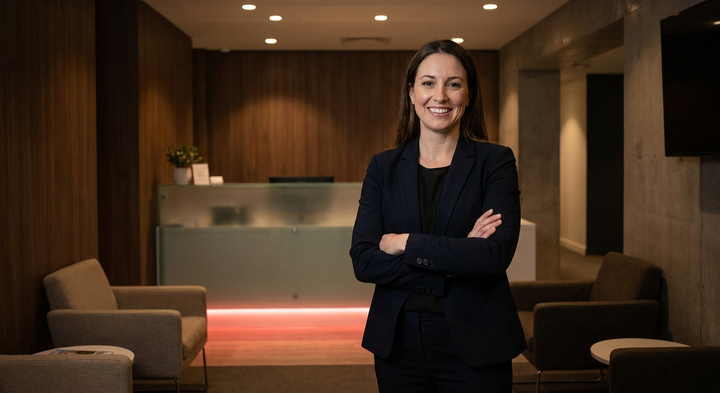 Confident dental practice owner standing proudly in a modern reception area after building a reactivation system