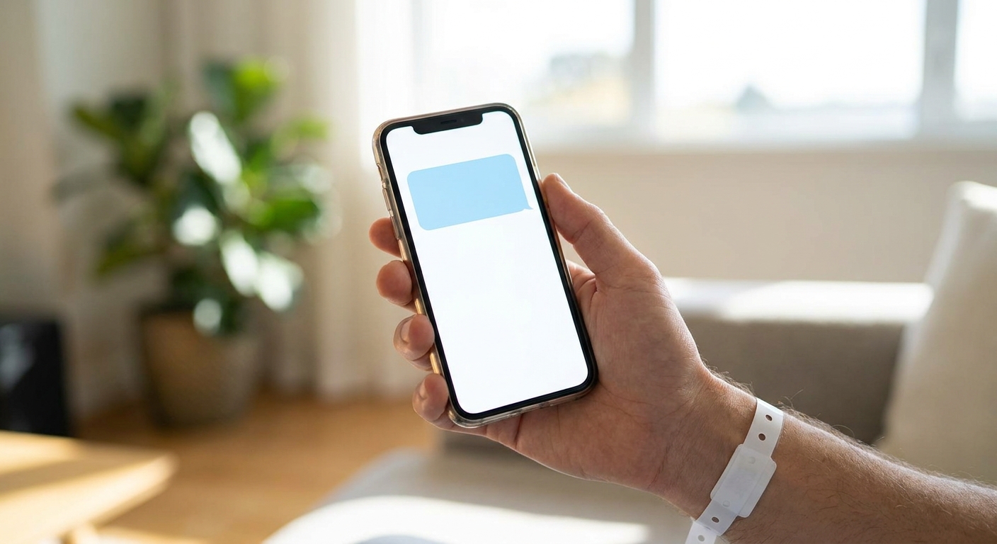 Patient holding a smartphone receiving a friendly dental appointment reactivation text message