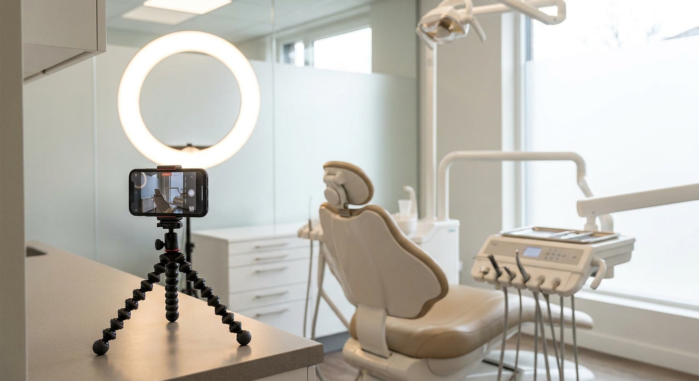 Smartphone on a small tripod with a ring light set up to film short video in a clean modern dental clinic