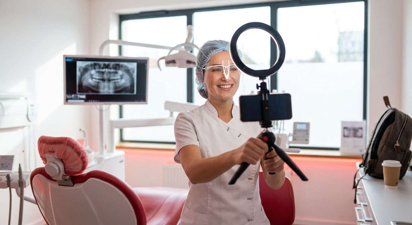 Friendly dentist filming a short social video on a smartphone in a bright modern dental operatory