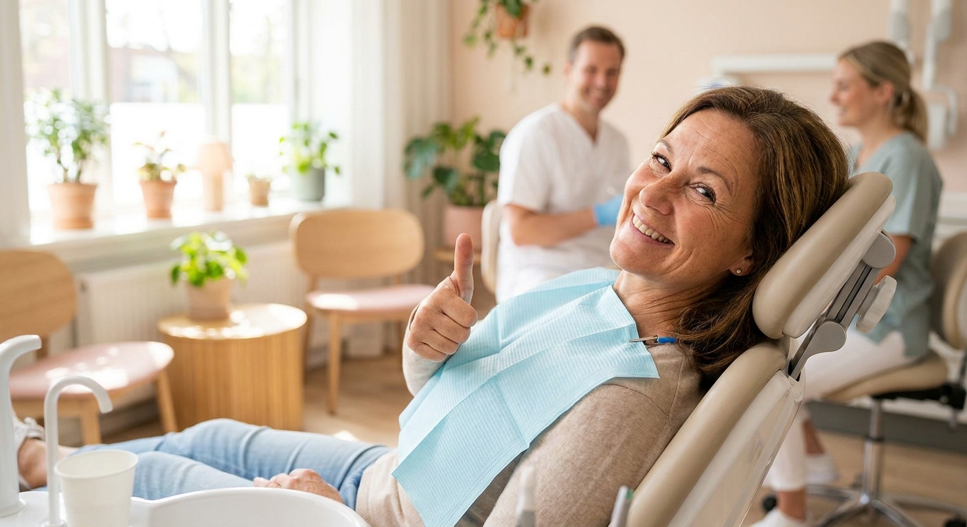 A smiling patient giving a thumbs up in a dental chair after a positive visit