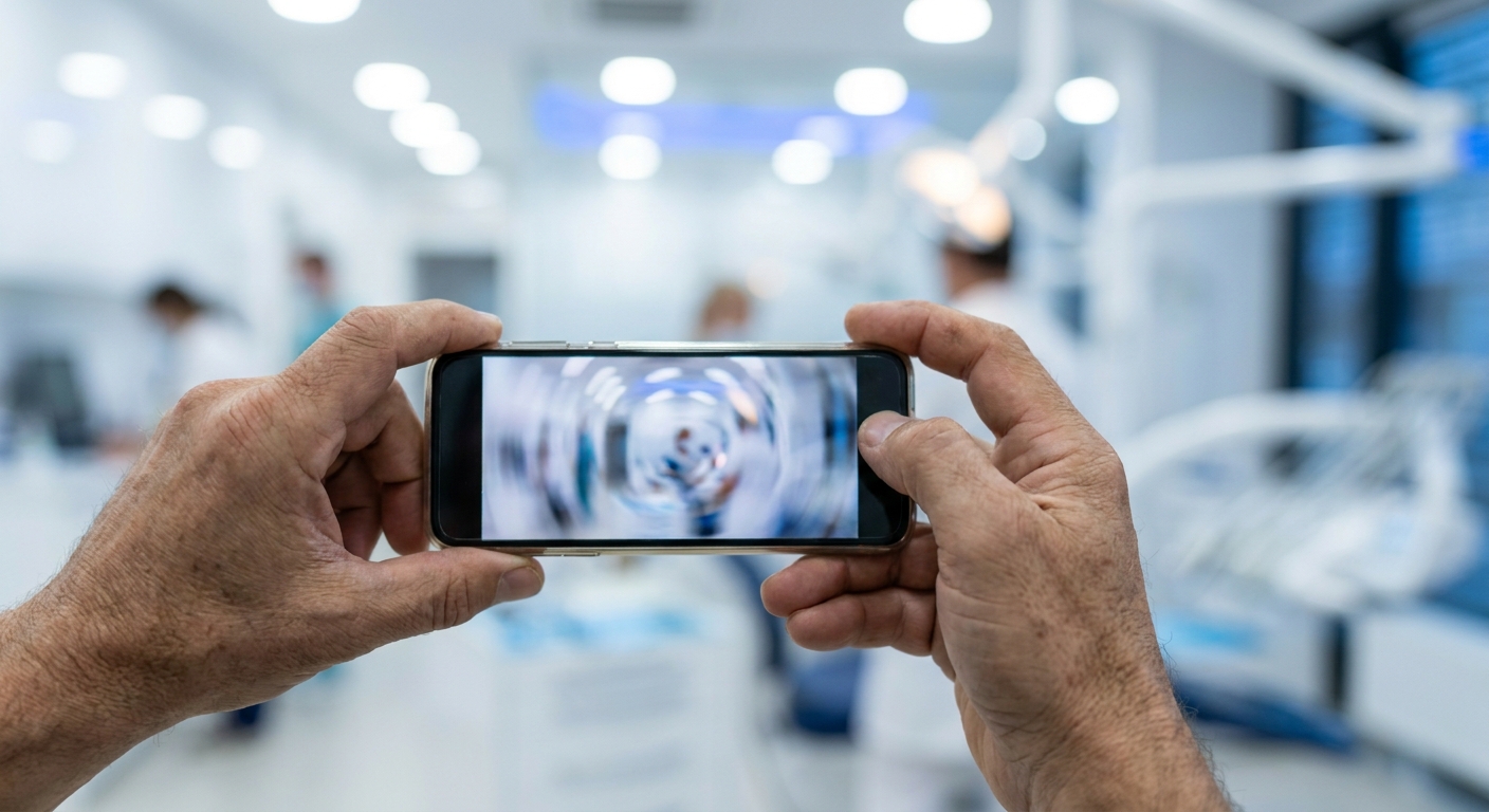 Hands holding a smartphone in landscape filming mode with a bright dental clinic in the background