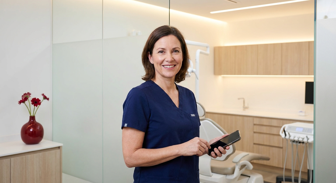A confident dentist holding a smartphone and smiling in a modern clinic after publishing short video content