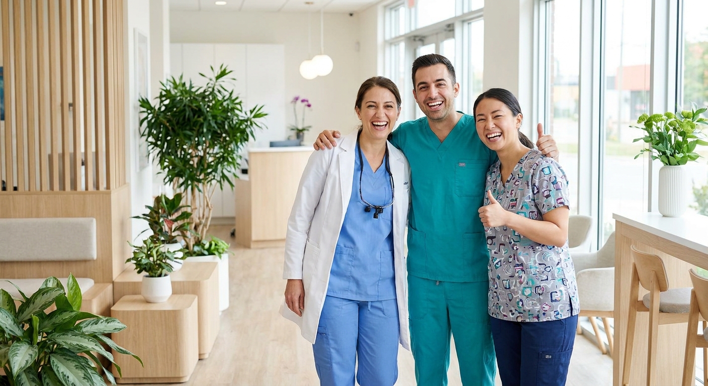 A cheerful dental team of three posing together in a modern bright office, ready to create content
