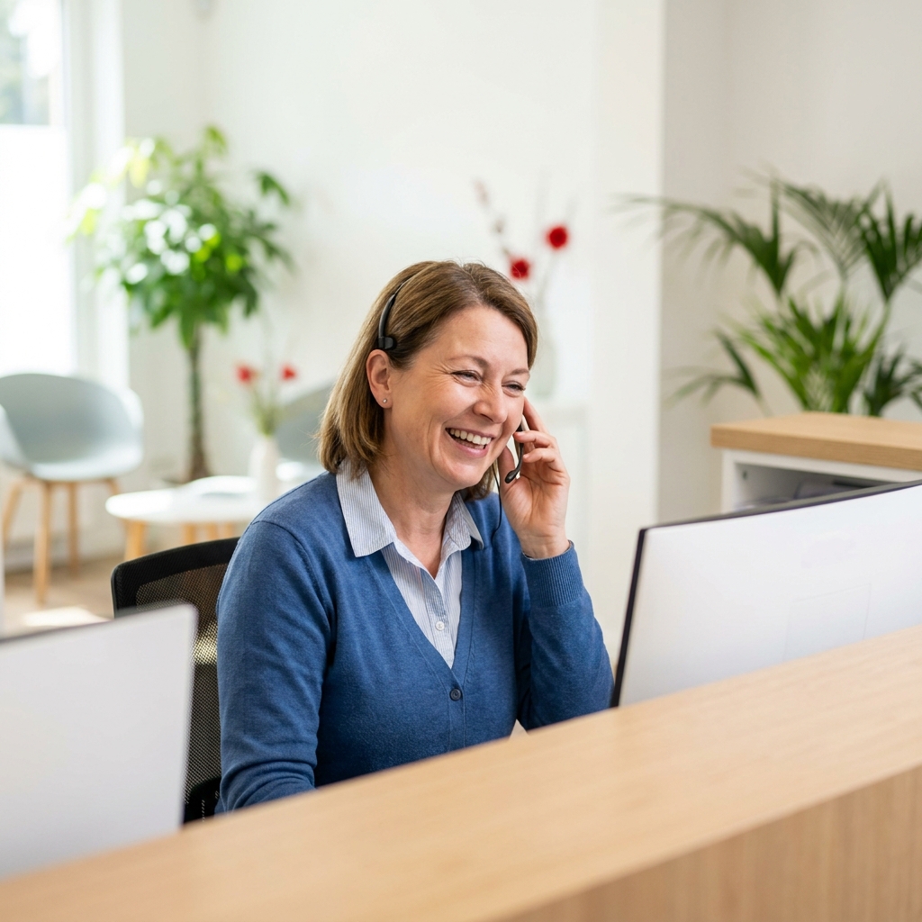 Friendly dental front-desk receptionist smiling while booking a new patient appointment by phone