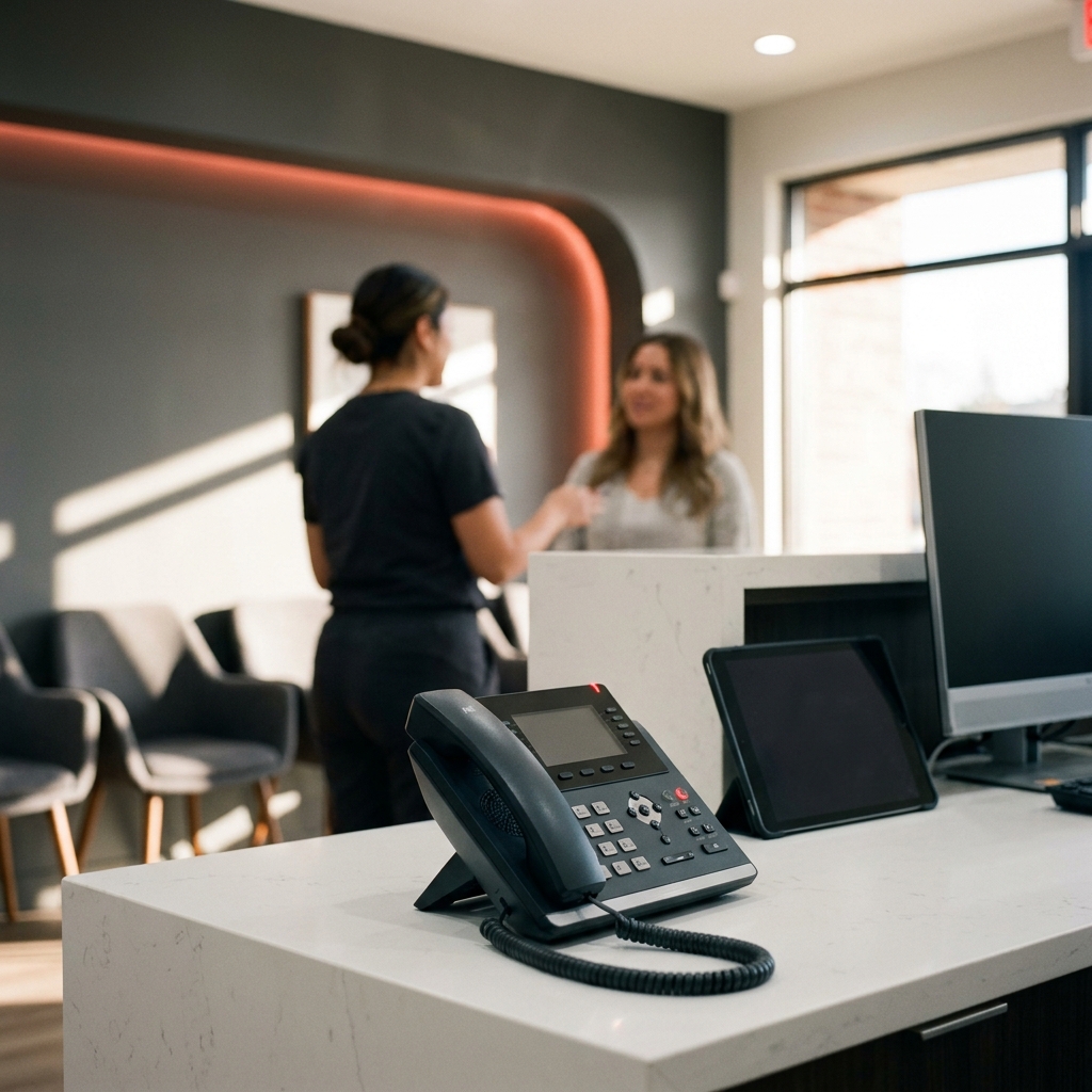 Dental front desk receptionist beside a ringing phone, ready to answer new patient calls fast