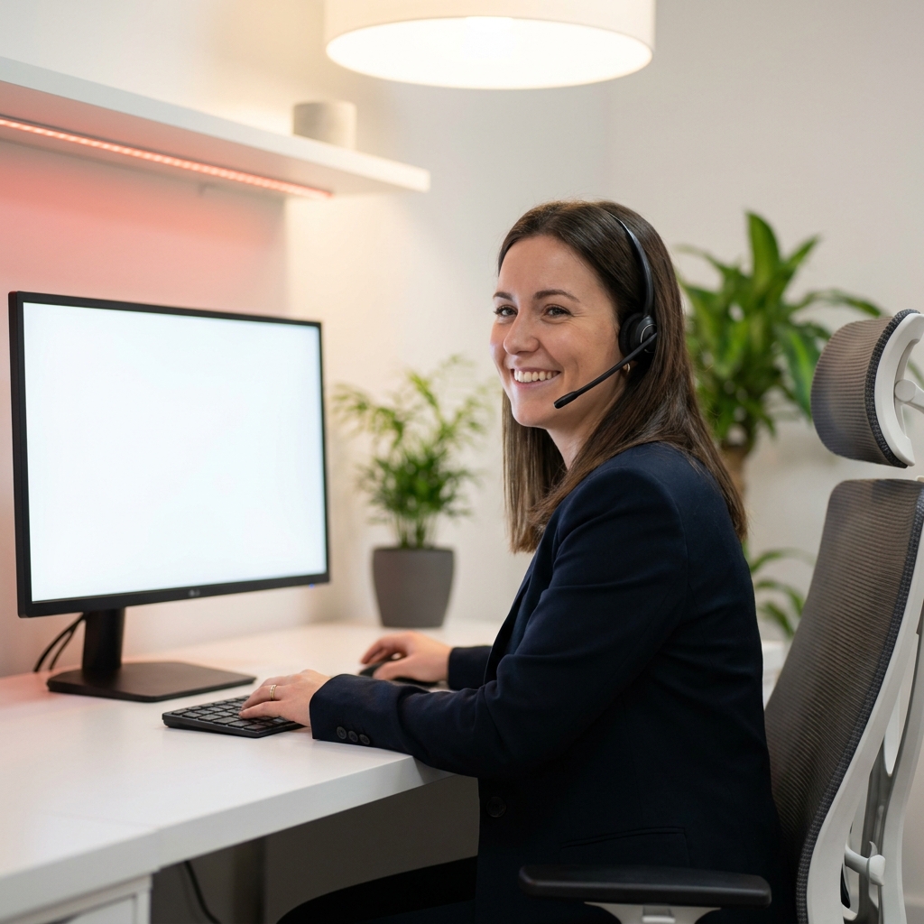 Dental appointment setter wearing a headset answering an after-hours new patient call